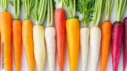 A row of carrots of different colors, including orange, yellow, and white