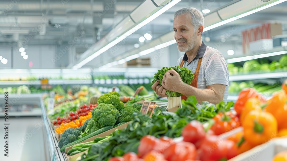 A man is shopping for vegetables in a grocery store A man is shopping for vegetables in a grocery store