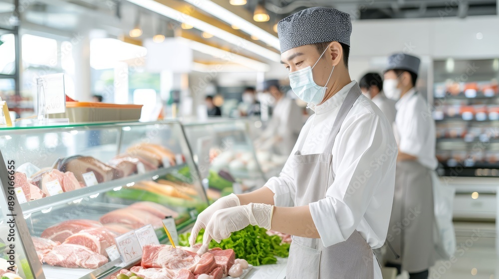 A man wearing a mask and a white apron is working in a meat counter A man wearing a mask and a white apron is working in a meat counter