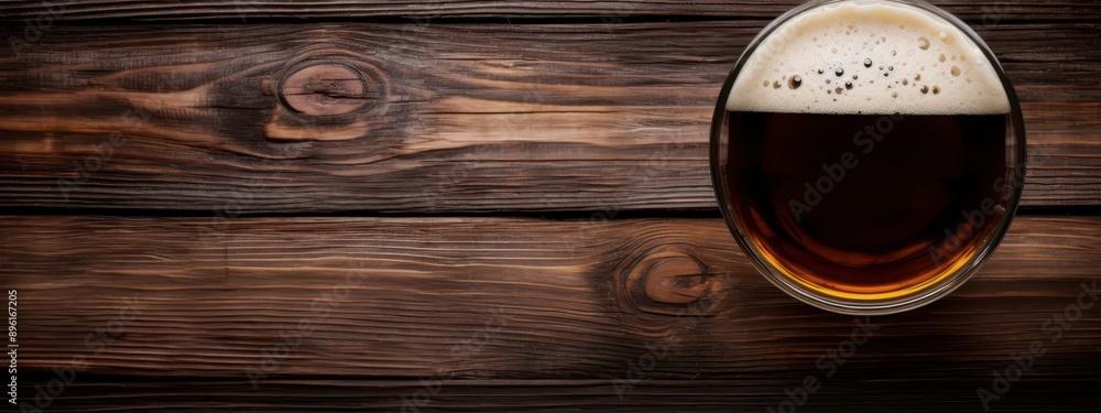 Top View of Frothy Beer on Dark Brown Wood with Blank Area for Text Top View of Frothy Beer on Dark Brown Wood with Blank Area for Text