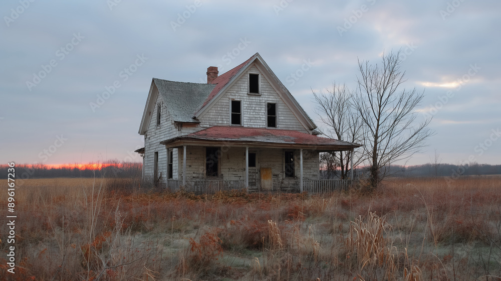 Abandoned, dilapidated house in a desolate field during sunset, conveying a sense of loneliness, decay, and nostalgia in a rural, eerie landscape. Abandoned, dilapidated house in a desolate field during sunset, conveying a sense of loneliness, decay, and nostalgia in a rural, eerie landscape.