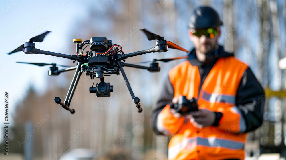 Engineer using a remote controlled drone for the construction industry Engineer using a remote controlled drone for the construction industry