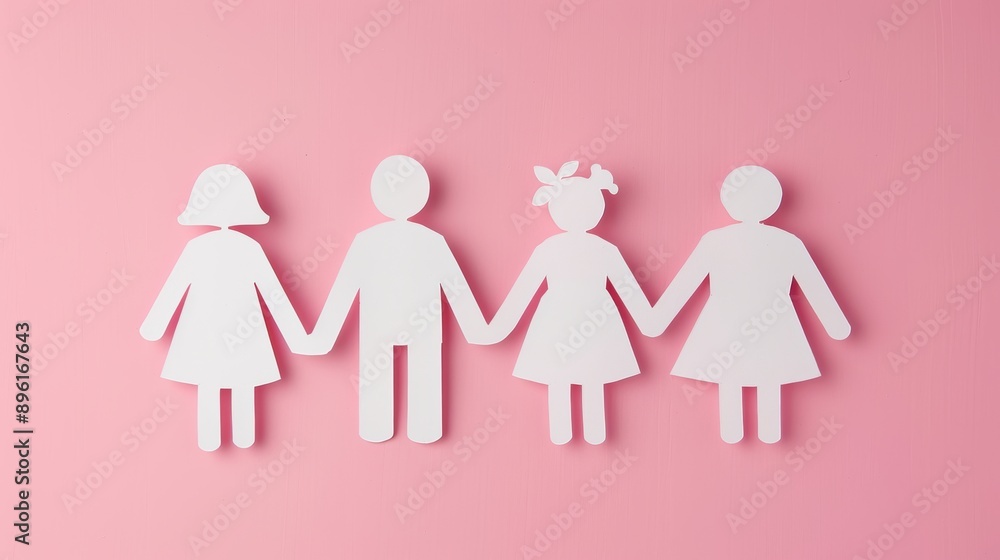 Paper cutouts of mixed-gender family on pink background, Family diversity concept Paper cutouts of mixed-gender family on pink background, Family diversity concept