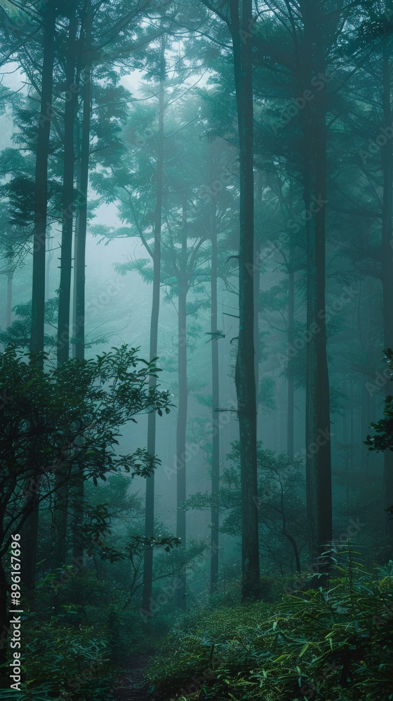 Obraz premium Sunlight filters through a thick fog in a lush, green forest