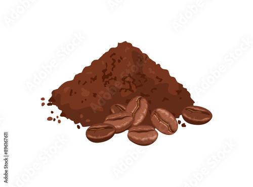 Ground coffee heap and beans isolated on white background. Vector cartoon illustration.