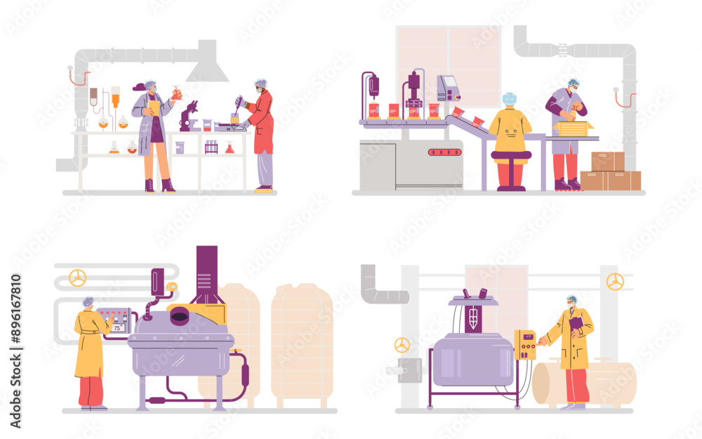 Cosmetics production industry vector set, moving automatic conveyor line, mixer tank and filling machine, lab with staff Cosmetics production industry vector set, moving automatic conveyor line, mixer tank and filling machine, lab with staff