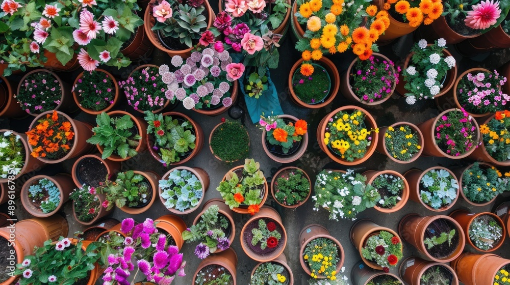 Naklejka premium Top-down view of a flower nursery with various blooms in pots, creating a colorful mosaic.