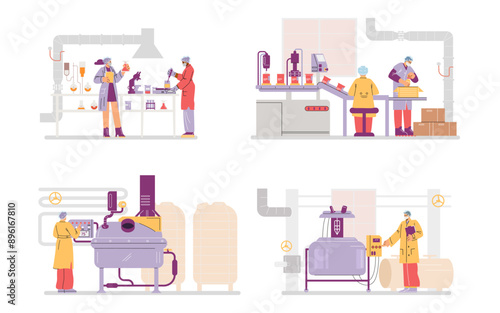 Cosmetics production industry vector set, moving automatic conveyor line, mixer tank and filling machine, lab with staff
