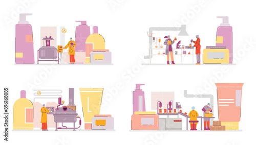 Set of scenes about cosmetics production flat style, vector illustration