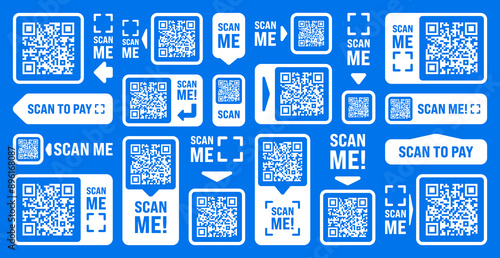 Scan me QR code sticker with text. Online payment. Special offer sale stickers, shopping discount label, promotional badge. Product serial number. Supermarket retail price tag. Vector illustration