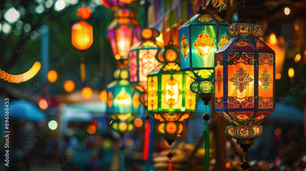Brightly colored festival lanterns hanging in a street during a cultural celebration. Brightly colored festival lanterns hanging in a street during a cultural celebration.