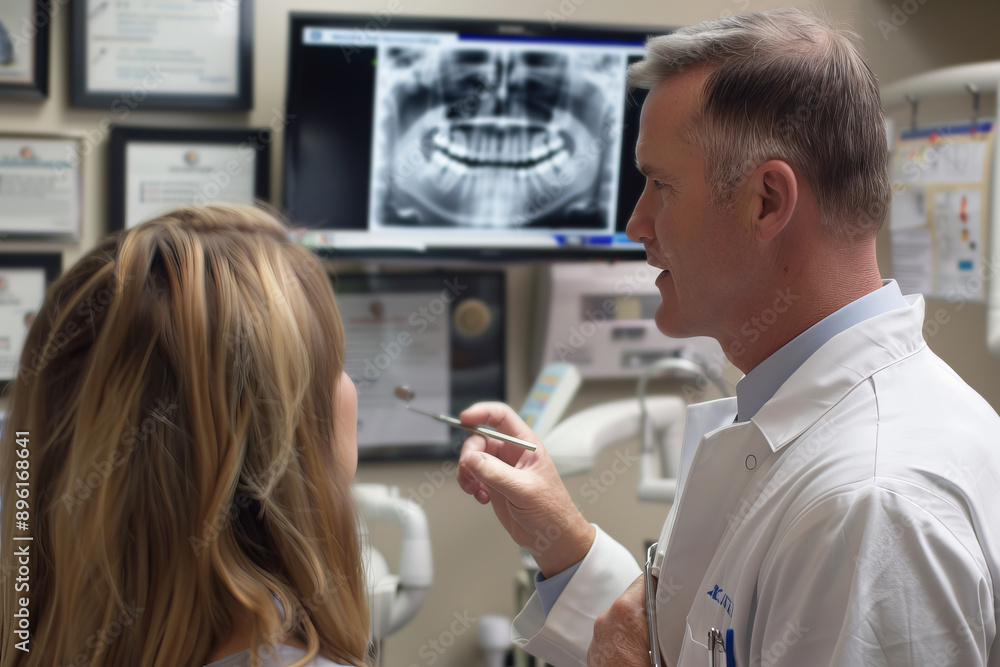Dentist discussing x-ray with patient during dental examination Dentist discussing x-ray with patient during dental examination