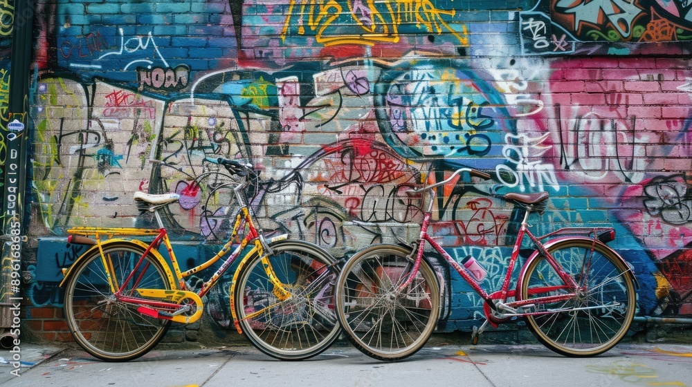 Fototapeta premium Brightly painted vintage bicycles leaning against a wall covered in graffiti art.