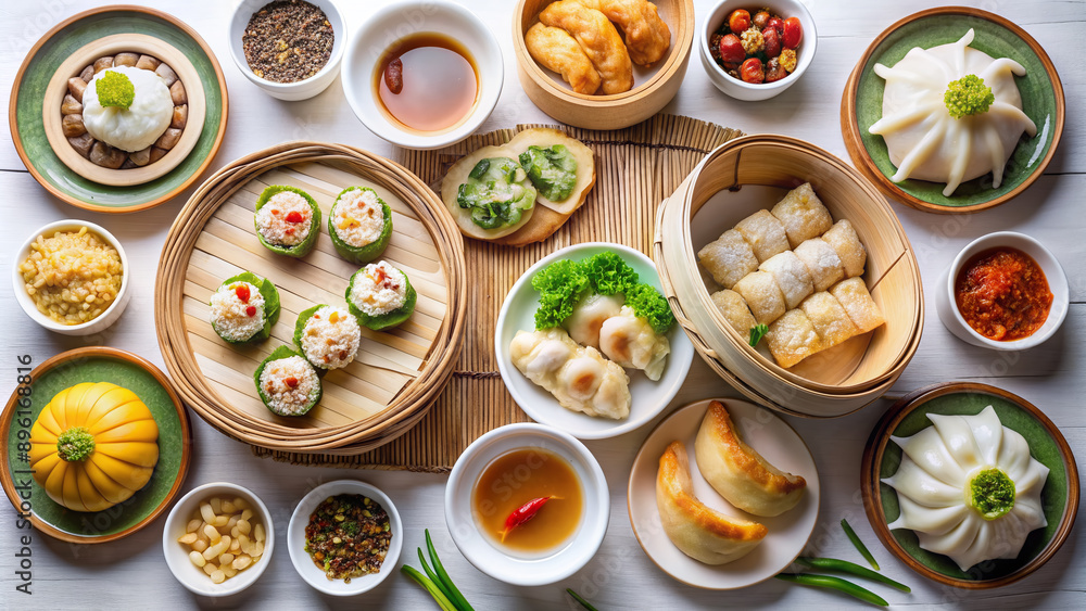 a top-down view image featuring a traditional Cantonese yum-cha meal, an Asian gourmet cuisine dish, served on a white plate. Arrange the dish neatly on the plate, a top-down view image featuring a traditional Cantonese yum-cha meal, an Asian gourmet cuisine dish, served on a white plate. Arrange the dish neatly on the plate,