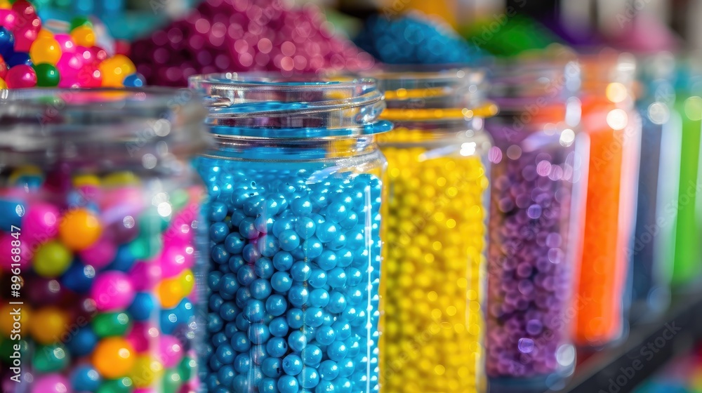 Close-up of bright, colorful beads in a craft store. Close-up of bright, colorful beads in a craft store.
