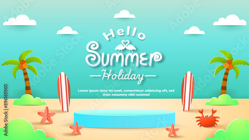 Summer holiday podium with paper cut style symbols and icons for greeting cards. Invitation background. Ideal for advertising, banners, cards, stickers and greeting card.