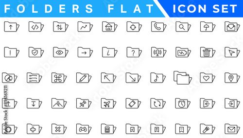 Folders flat line icons set. File catalog, document search, folder synchronization, local network vector illustrations. Outline minimal signs for web site