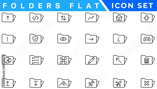 Folders flat line icons set. File catalog, document search, folder synchronization, local network vector illustrations. Outline minimal signs for web site