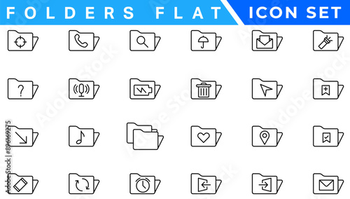 Folders flat line icons set. File catalog, document search, folder synchronization, local network vector illustrations. Outline minimal signs for web site