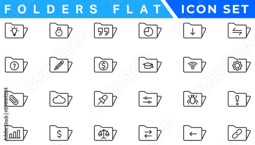 Folders flat line icons set. File catalog, document search, folder synchronization, local network vector illustrations. Outline minimal signs for web site