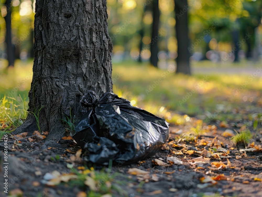 Obraz premium Environmental Concerns: Garbage Bag Discarded at Tree Base in Park - Littering Issue Concept.