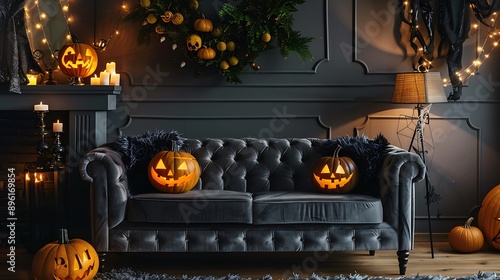 Halloween Decor in a Dark Living Room photo