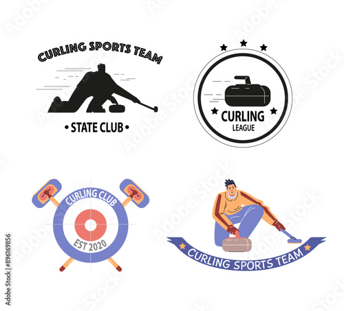Curling club logo emblem design with inscription, vector label set with ice target, curling stone and brush sport player