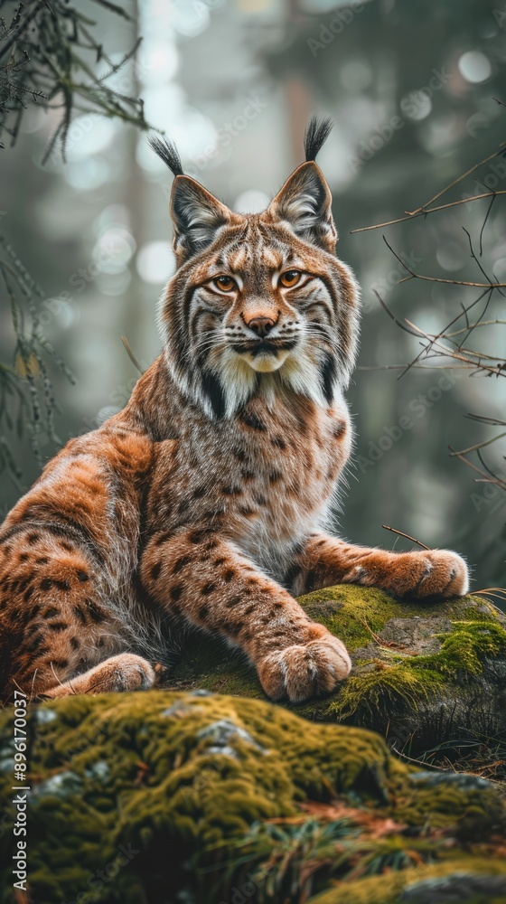 Obraz premium Lynx Sitting on a Mossy Rock in the Forest