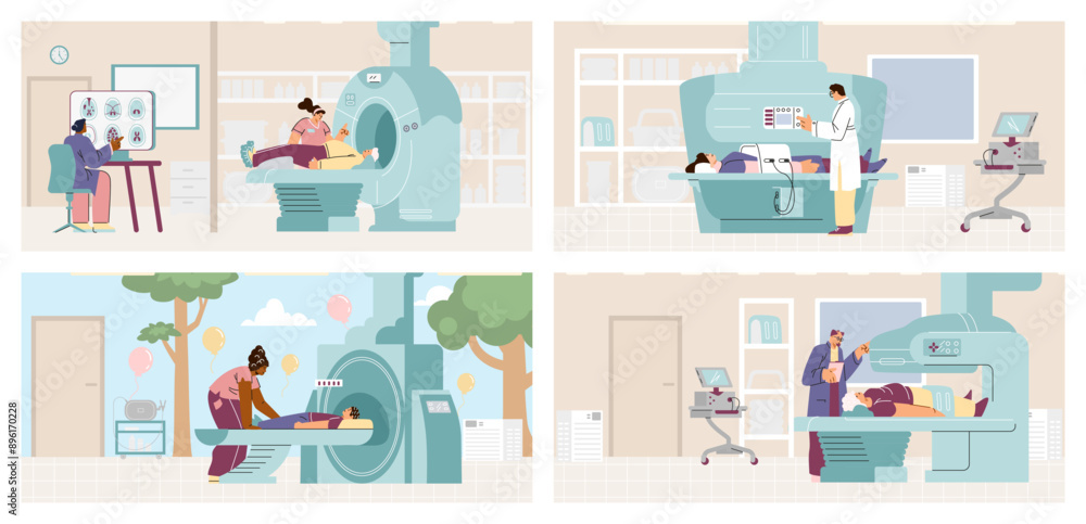 A set of vector illustrations with an MRI scan of the brain, legs and abdomen in a medical office. A set of vector illustrations with an MRI scan of the brain, legs and abdomen in a medical office.