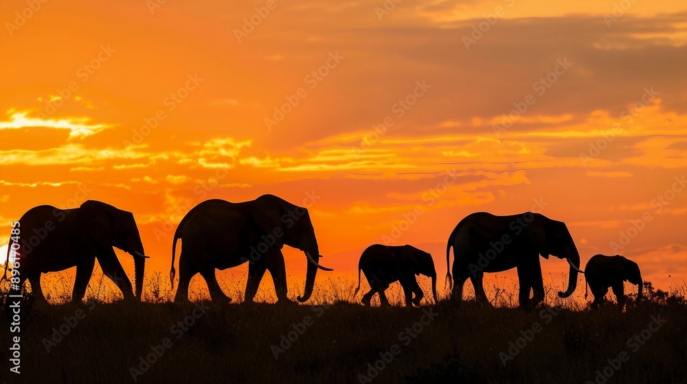 Fototapeta premium a herd of elephants walking across a grass covered field