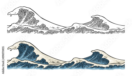 Sea waves. Vintage vector engraving color illustration. Isolated on white background. Hand drawn hatching