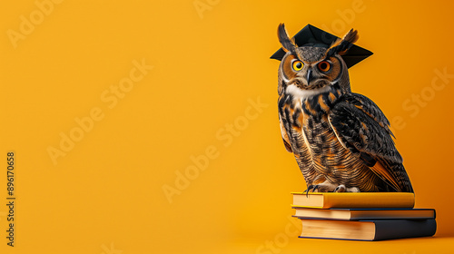 Wallpaper Mural Long-eared  owl in a graduation cap on a stack of books, isolated in rich yellow background with empty space for text. College, university, education cources banner Torontodigital.ca