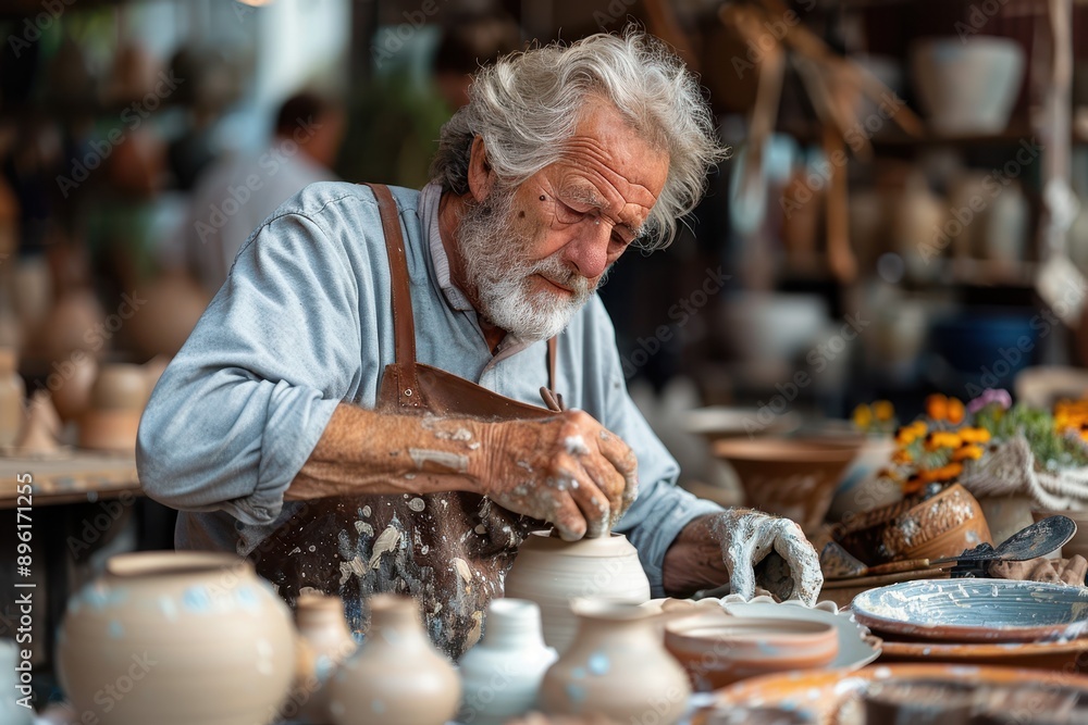 Senior Man Engaged in Pottery Making as Creative Retirement Pastime Senior Man Engaged in Pottery Making as Creative Retirement Pastime