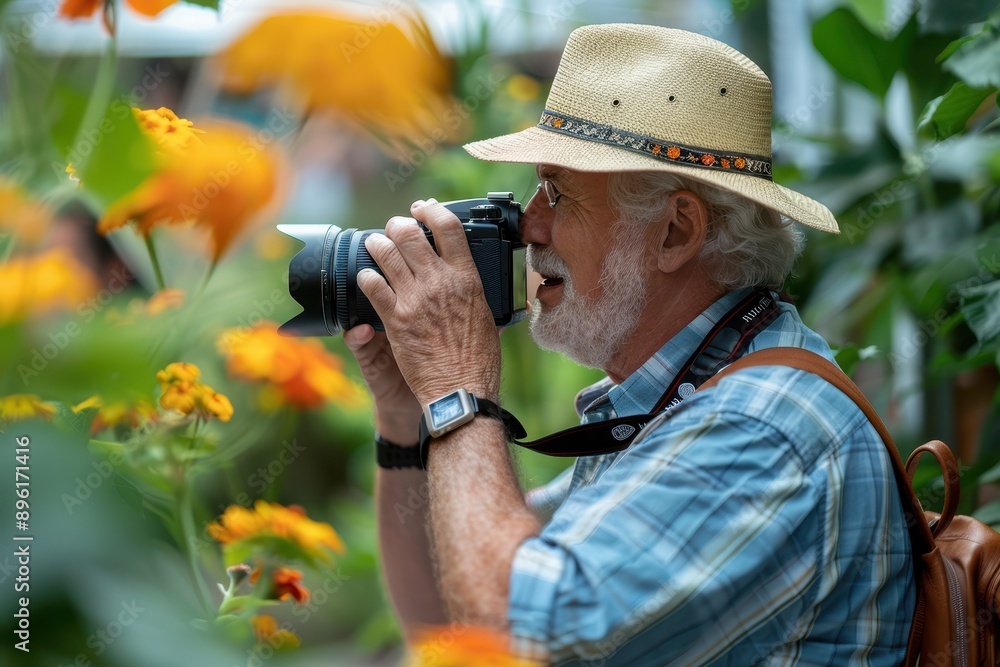 Fototapeta premium Learning Through the Lens: Retired Man Pursuing Photography Passion in a Class for Educational Retirement Hobby