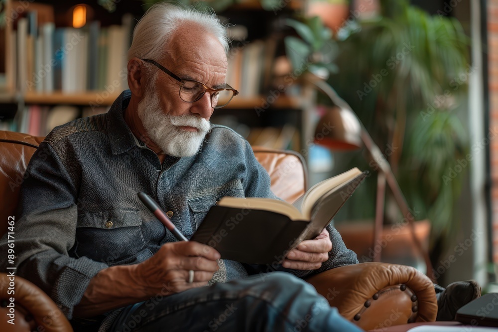 Serene Senior Man Journaling, Contemplating Reflective Retirement Pastime Serene Senior Man Journaling, Contemplating Reflective Retirement Pastime