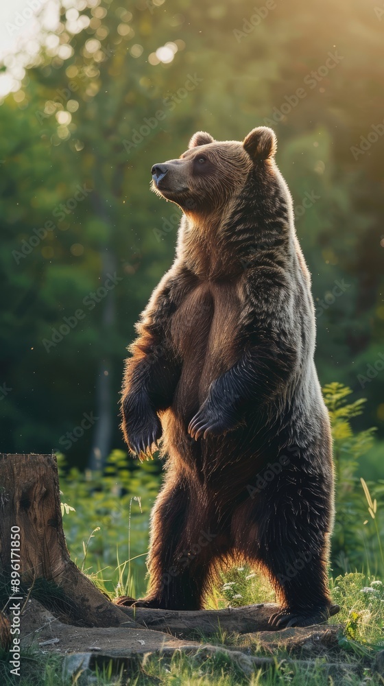 Fototapeta premium Grizzly Bear Standing Tall in a Forest Clearing