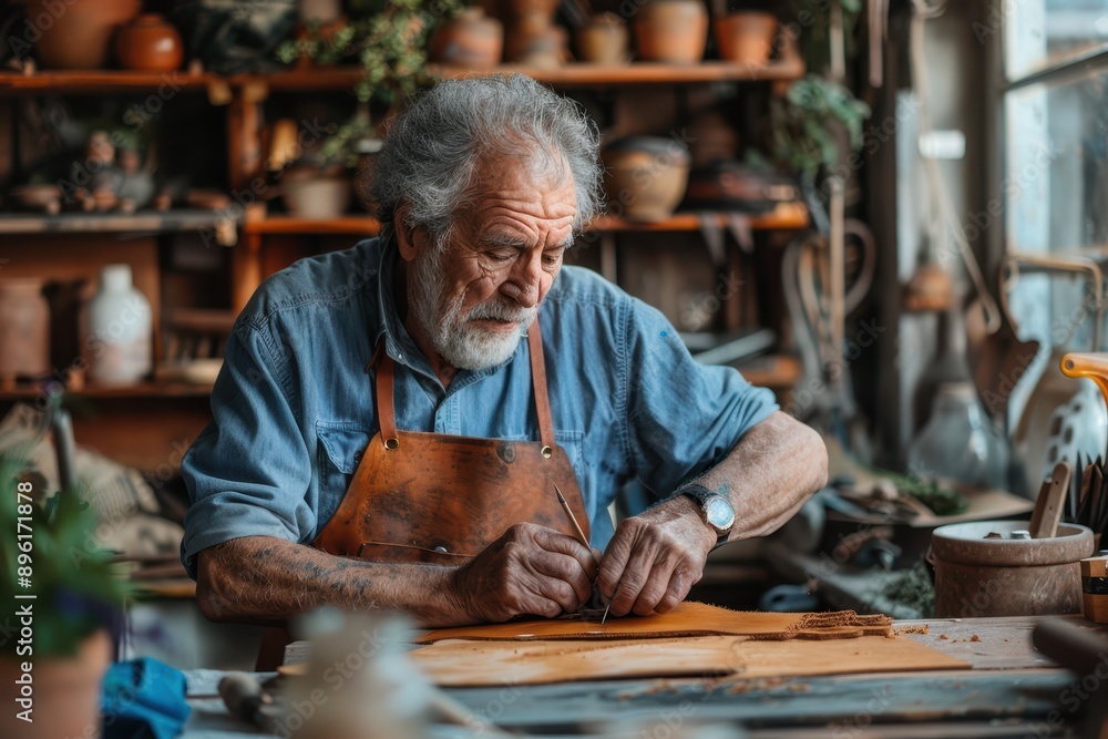 Skilled Senior Artisan Crafting Leather Goods in Profile View, Retirement Hobby Concept Skilled Senior Artisan Crafting Leather Goods in Profile View, Retirement Hobby Concept