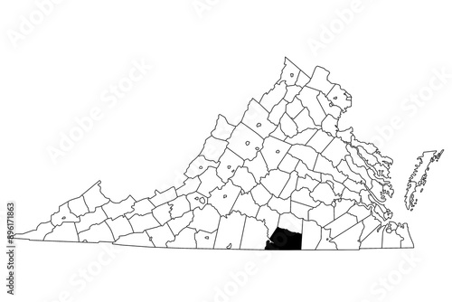 Map of Mecklenburg County in Virginia state on white background. single County map highlighted by black colour on Virginia map. UNITED STATES, US photo