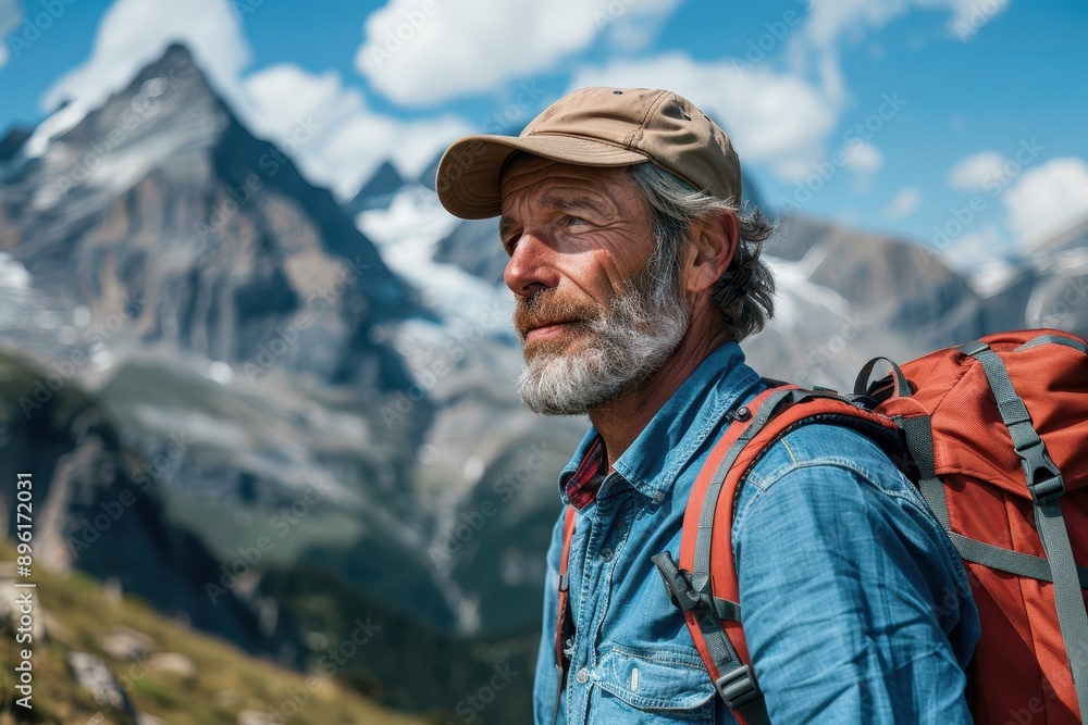 Active Senior Man Enjoying Adventurous Retirement Hobby Hiking in the Mountains Active Senior Man Enjoying Adventurous Retirement Hobby Hiking in the Mountains