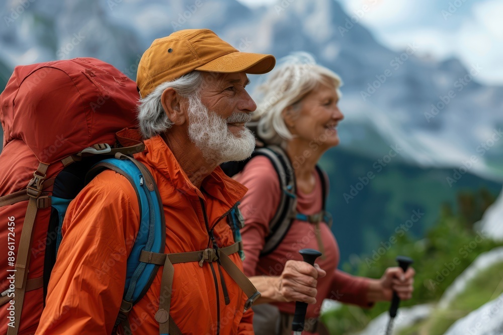 Active Senior Couple Enjoying Outdoor Hike - Retirement Adventure Together Active Senior Couple Enjoying Outdoor Hike - Retirement Adventure Together
