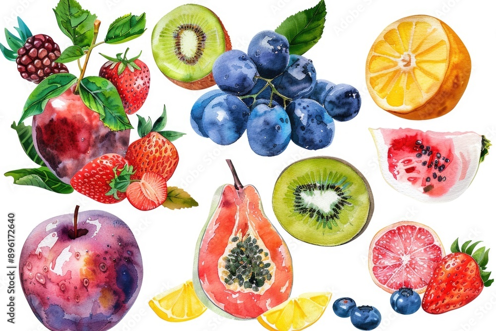 A variety of fresh fruits arranged on a clean white surface A variety of fresh fruits arranged on a clean white surface