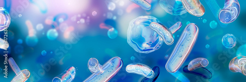 фотографія 3D probiotic medical background render, microbiology bacillus microflora blue banner, microbiota