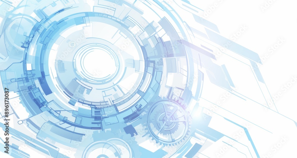 Clean and Professional Blue Technology Background with White Banner, Featuring Gear Wheels on Light Grey and Sky-Blue, Perfect for Digital Applications and Backgrounds Clean and Professional Blue Technology Background with White Banner, Featuring Gear Wheels on Light Grey and Sky-Blue, Perfect for Digital Applications and Backgrounds