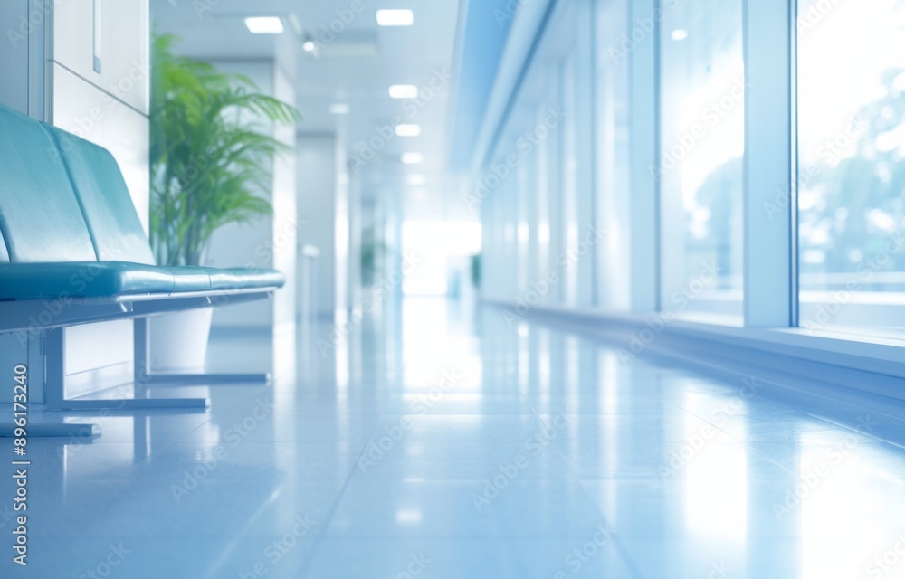 Blurred Background of Modern Hospital Interior with White Corridor and Windows for Copy Space or Product Display in Presentation Blurred Background of Modern Hospital Interior with White Corridor and Windows for Copy Space or Product Display in Presentation