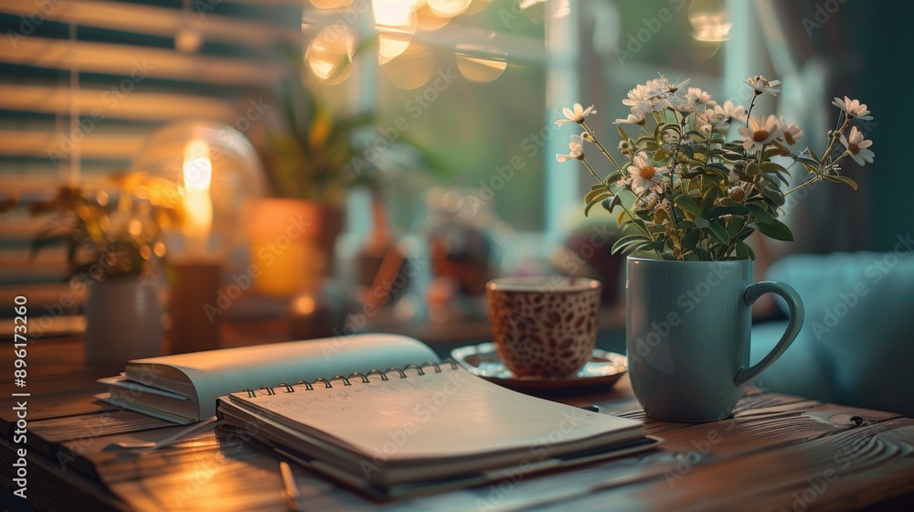 Cup of coffee and a notebook on a table Cup of coffee and a notebook on a table