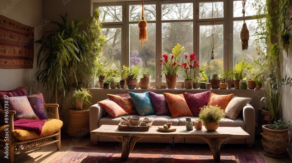 A bohemian-style living room bathed in warm sunlight A bohemian-style living room bathed in warm sunlight