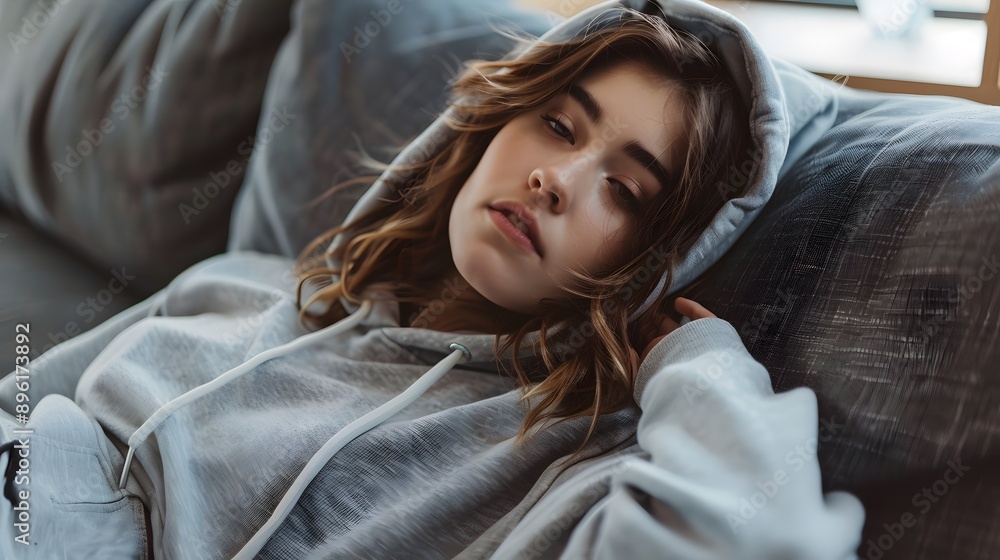 Woman in Oversized Hoodie: A relaxed woman lounging on a sofa, wearing an oversized men's hoodie and casual jeans.
Woman in Oversized Hoodie: A relaxed woman lounging on a sofa, wearing an oversized men's hoodie and casual jeans.