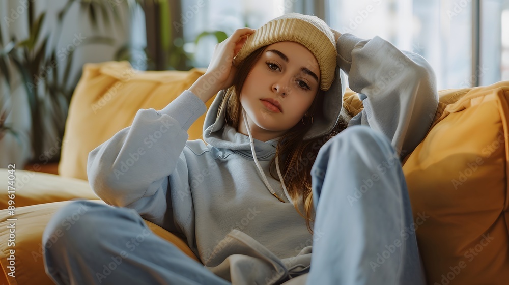 Woman in Oversized Hoodie: A relaxed woman lounging on a sofa, wearing an oversized men's hoodie and casual jeans.
Woman in Oversized Hoodie: A relaxed woman lounging on a sofa, wearing an oversized men's hoodie and casual jeans.