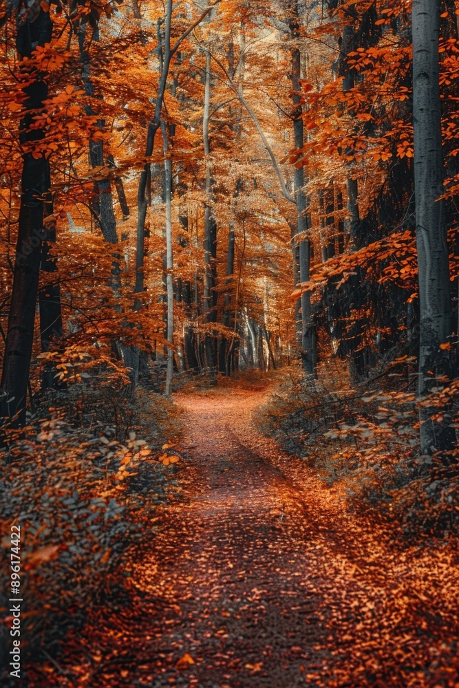 Obraz premium A scenic view of a winding path in the midst of a forest surrounded by lush green leaves