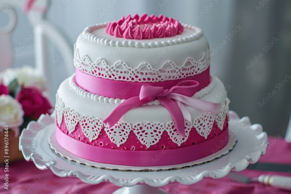 A birthday cake with a tiered design and edible lace or ribbon as decorations A birthday cake with a tiered design and edible lace or ribbon as decorations